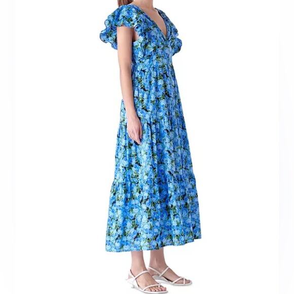 English Factory Women's Floral-Print Tiered Flutter-Sleeve Dress Blue Sz XS NWT - Picture 3 of 9